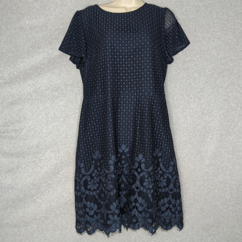 LOFT Navy Blue Lace Overlay Dress Women's Size 10 Short Sleeve‎